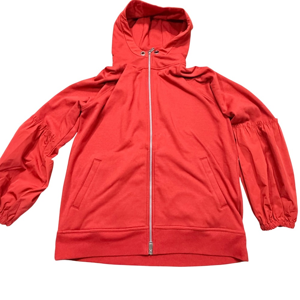 Athleta Womens Red Mixed Media Puff Sleeve Full Zip Hoodie Sweatshirt Size M